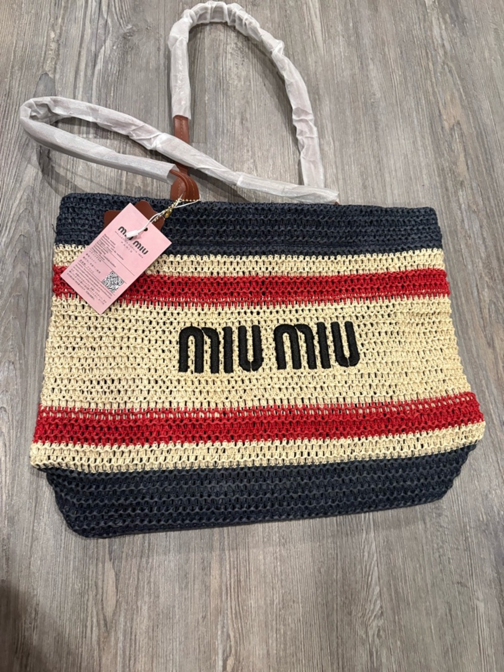 Miu Miu GWP Navy, Cream & Red Straw Tote NEW